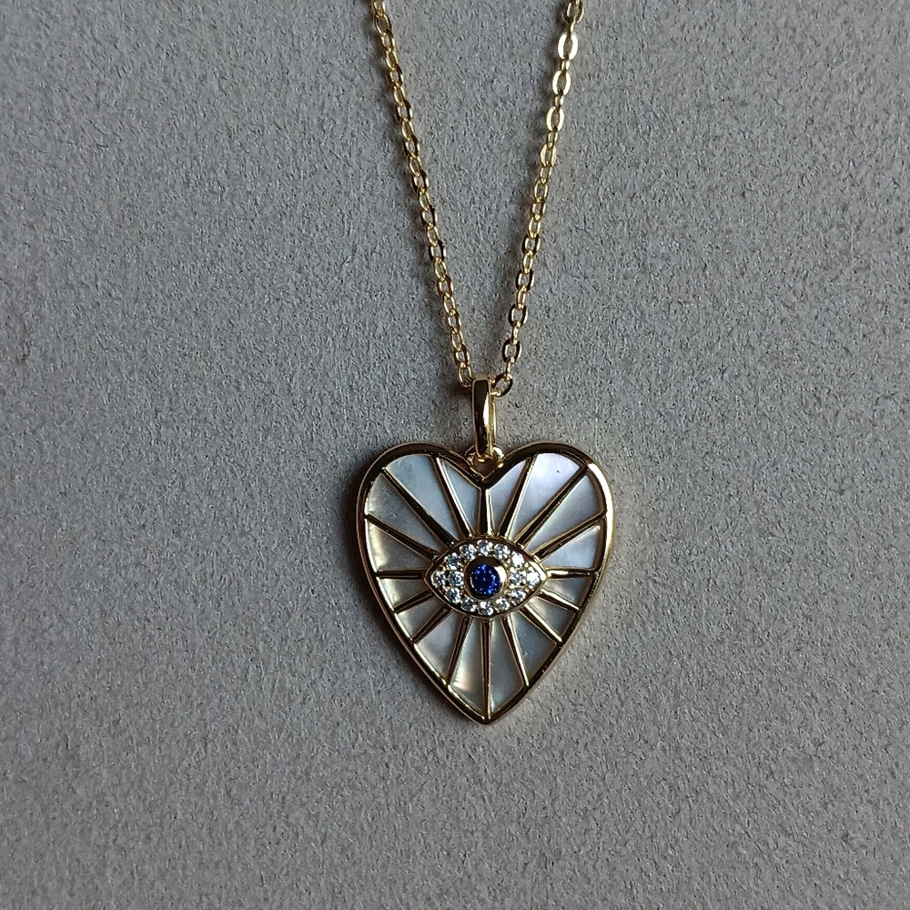 HEART MOTHER OF PEARL Evil Eye Ray Mossanite Charm Necklace 14k Gold Vermil